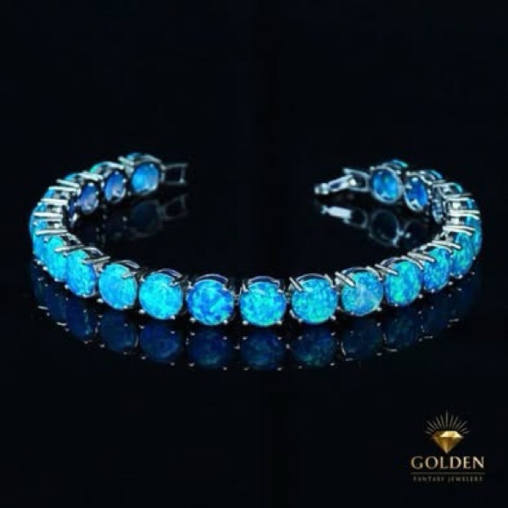 Ethiopian Blue Opal Tennis Bracelet, October Birthstone, 7.5 inches